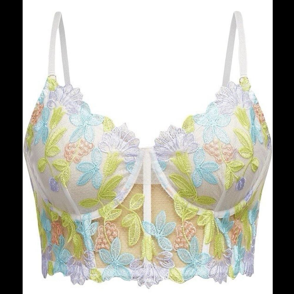 Festival Fairy Bra Top Pastel Boning Strappy Back 1X Floral Embroidered